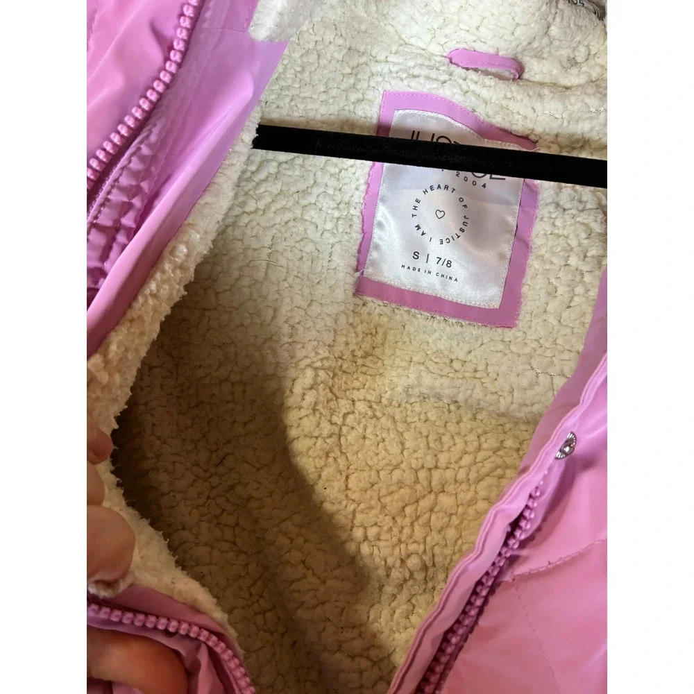 Justice Girls 7/8 Pink Quilted Sherpa Lined Hooded Winter Jacket Coat Small Kids